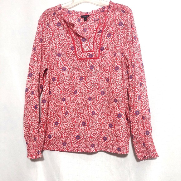 Talbots Tops - Talbots Womens Large Peasant Top Blouse Red Floral Smocking Red Trim Lightweight